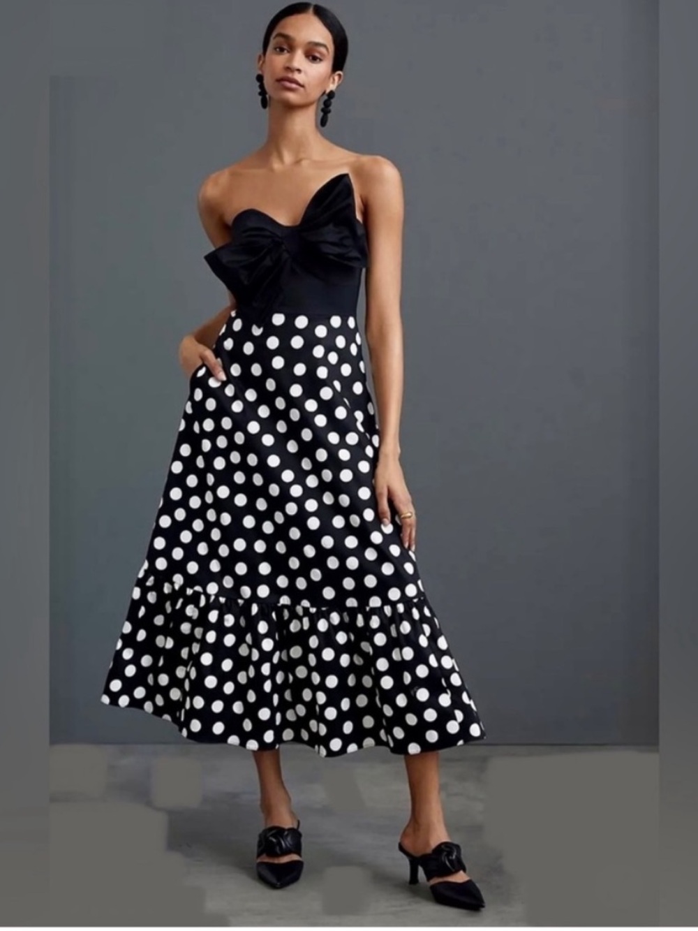 Hutch by Anthropologie Black and White Polka Dot Strapless Dress with Bow